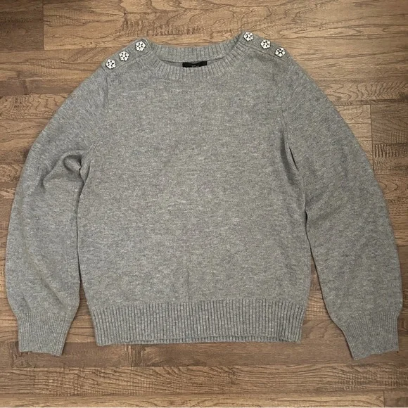 $118 J. Crew Crewneck Sweater with Jeweled Buttons Wool blend, Gray, M, Medium - Picture 7 of 11